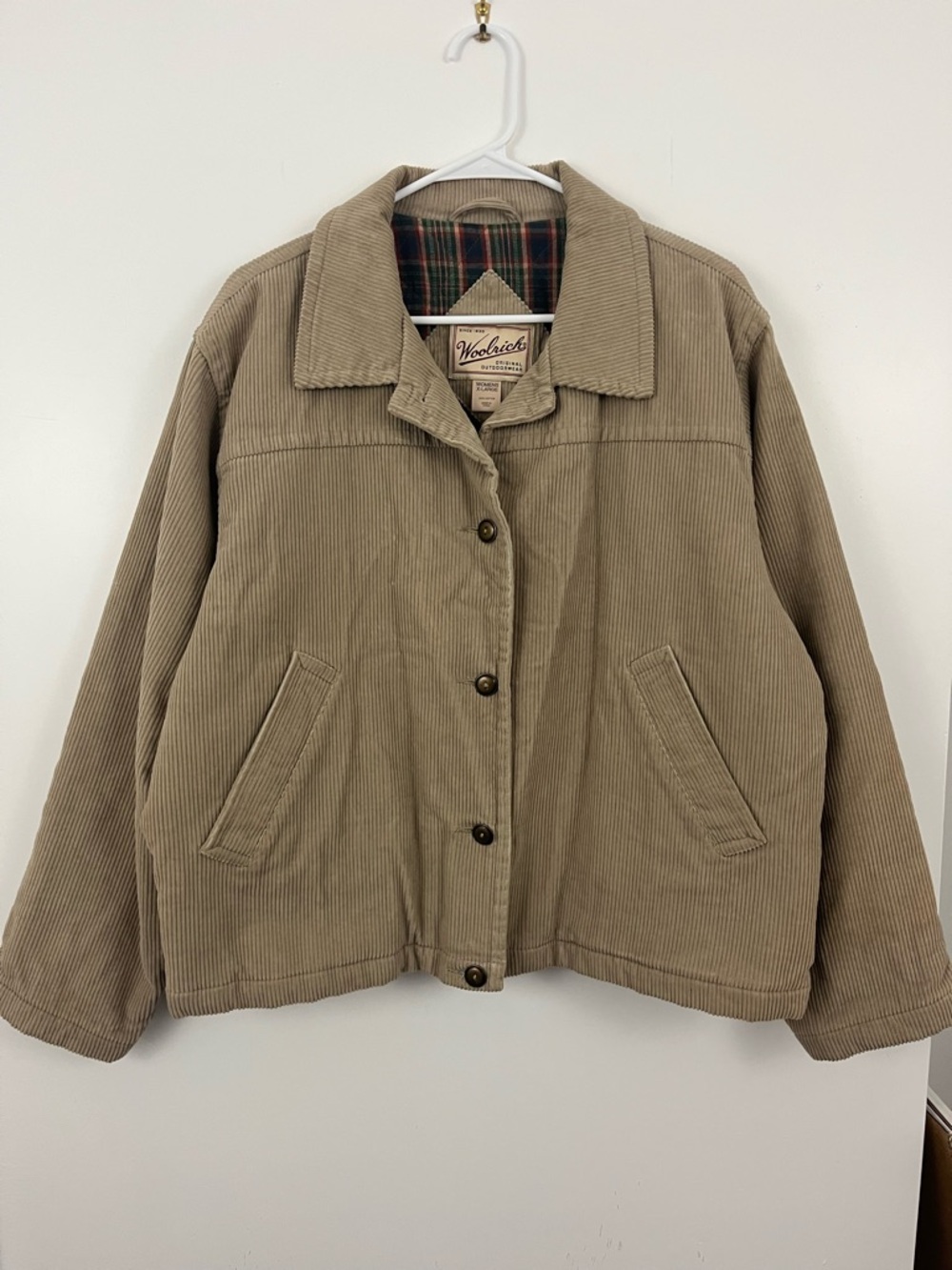 Woolrich Corduroy Jacket Women’s XL Plaid Lined Coat Beige Button Front